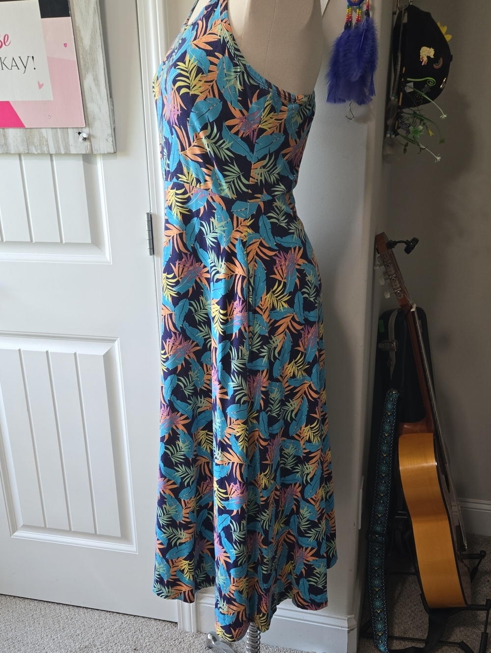 Pact Tropical Leaf Print Midi Dress in Navy with Teal, Coral, Yellow - Picture 2 of 6